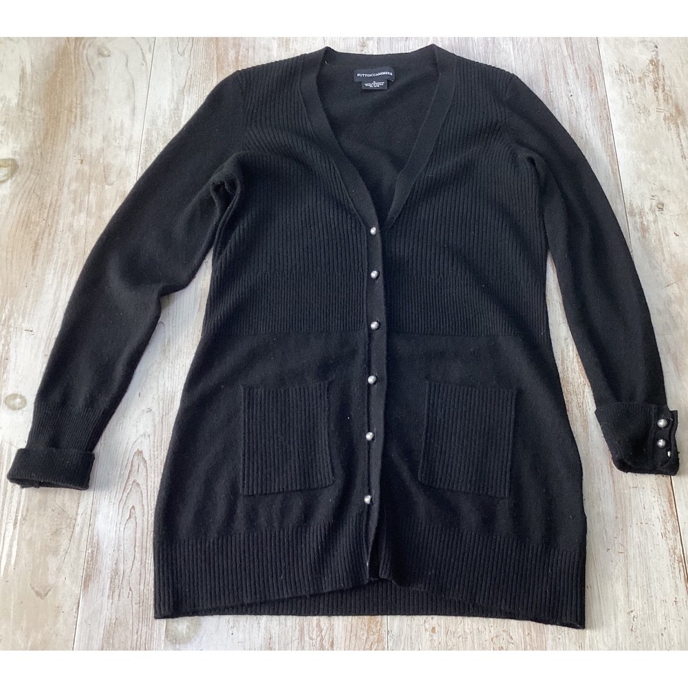 Sutton Cashmere Black 100% Cashmere Longline Button Front Cardigan Sweater Small